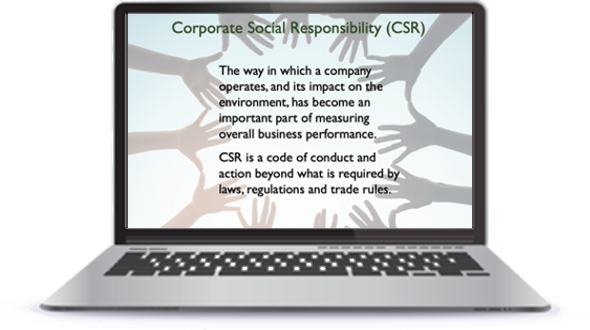 Open laptop shows sustainability simulation lesson.